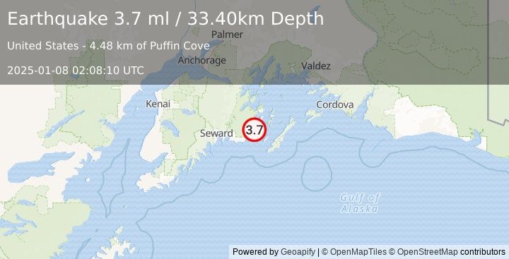 Earthquake KENAI PENINSULA, ALASKA (3.7 ml) (2025-01-08 02:08:10 UTC)