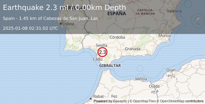 Earthquake STRAIT OF GIBRALTAR (2.3 ml) (2025-01-08 02:31:02 UTC)