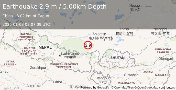 Earthquake WESTERN XIZANG (2.9 m) (2025-01-08 03:07:09 UTC)