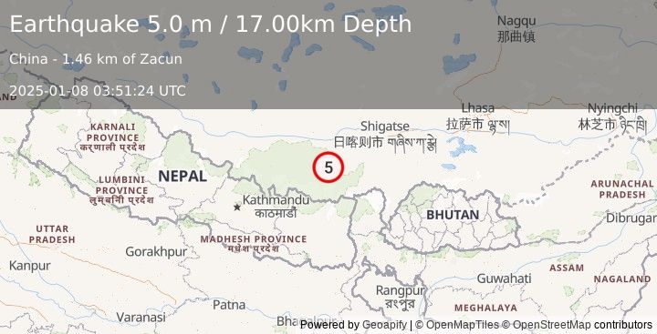 Earthquake WESTERN XIZANG (5.0 m) (2025-01-08 03:51:24 UTC)