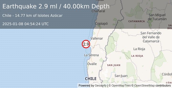 Earthquake OFFSHORE ATACAMA, CHILE (2.9 ml) (2025-01-08 04:54:24 UTC)