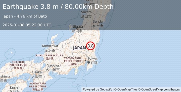 Earthquake NEAR EAST COAST OF HONSHU, JAPAN (3.8 m) (2025-01-08 05:22:30 UTC)