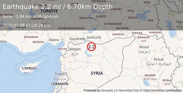 Earthquake TURKEY-SYRIA BORDER REGION (2.2 ml) (2025-01-08 07:20:28 UTC)