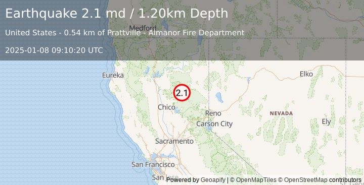 Earthquake NORTHERN CALIFORNIA (2.1 md) (2025-01-08 09:10:20 UTC)