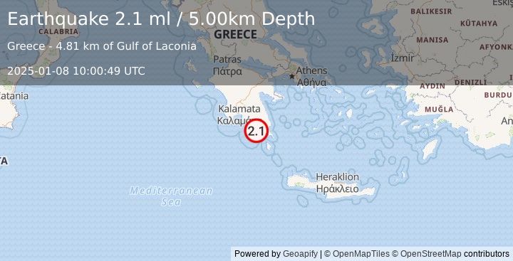 Earthquake SOUTHERN GREECE (2.1 ml) (2025-01-08 10:00:49 UTC)