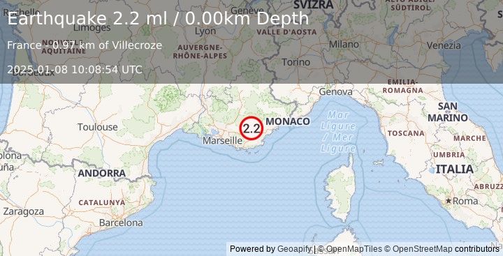 Earthquake NEAR SOUTH COAST OF FRANCE (2.2 ml) (2025-01-08 10:08:54 UTC)