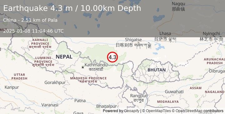 Earthquake WESTERN XIZANG (4.3 m) (2025-01-08 11:04:46 UTC)