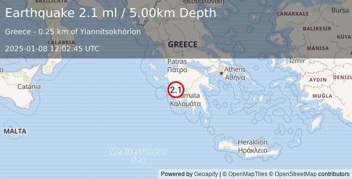 Earthquake SOUTHERN GREECE (2.1 ml) (2025-01-08 12:02:45 UTC)