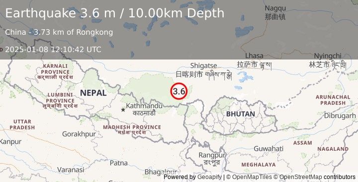 Earthquake WESTERN XIZANG (3.6 m) (2025-01-08 12:10:42 UTC)