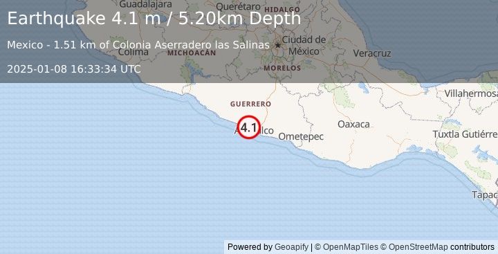 Earthquake GUERRERO, MEXICO (4.1 m) (2025-01-08 16:33:34 UTC)