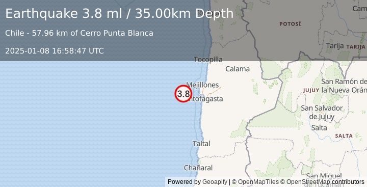 Earthquake OFFSHORE ANTOFAGASTA, CHILE (3.3 ml) (2025-01-08 16:58:50 UTC)