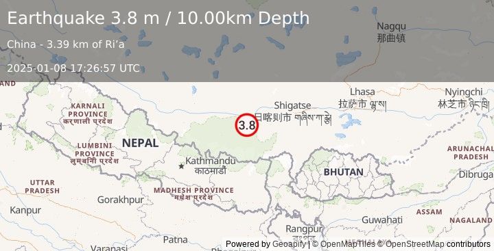 Earthquake WESTERN XIZANG (3.8 m) (2025-01-08 17:26:57 UTC)