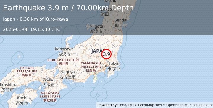 Earthquake EASTERN HONSHU, JAPAN (3.9 m) (2025-01-08 19:15:30 UTC)