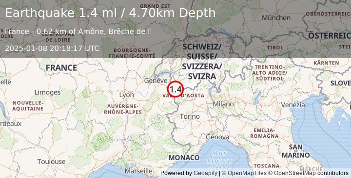 Earthquake NORTHERN ITALY (1.4 ml) (2025-01-08 20:18:17 UTC)