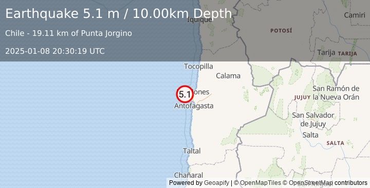 Earthquake OFFSHORE ANTOFAGASTA, CHILE (5.1 ml) (2025-01-08 20:30:18 UTC)