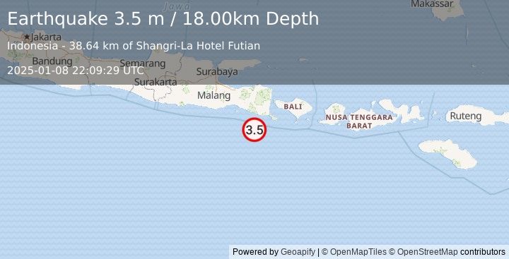 Earthquake SOUTH OF JAVA, INDONESIA (3.5 m) (2025-01-08 22:09:29 UTC)