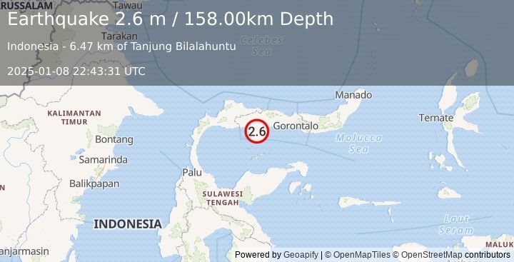 Earthquake MINAHASA, SULAWESI, INDONESIA (2.6 m) (2025-01-08 22:43:31 UTC)