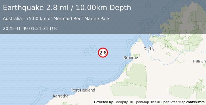 Earthquake NORTHWEST OF AUSTRALIA (2.8 ml) (2025-01-09 01:21:31 UTC)