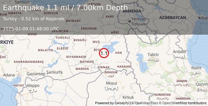 Earthquake EASTERN TURKEY (1.1 ml) (2025-01-09 01:48:00 UTC)