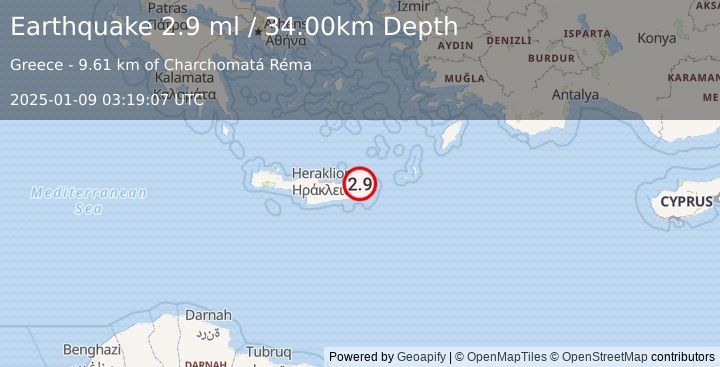 Earthquake CRETE, GREECE (2.9 ml) (2025-01-09 03:19:07 UTC)