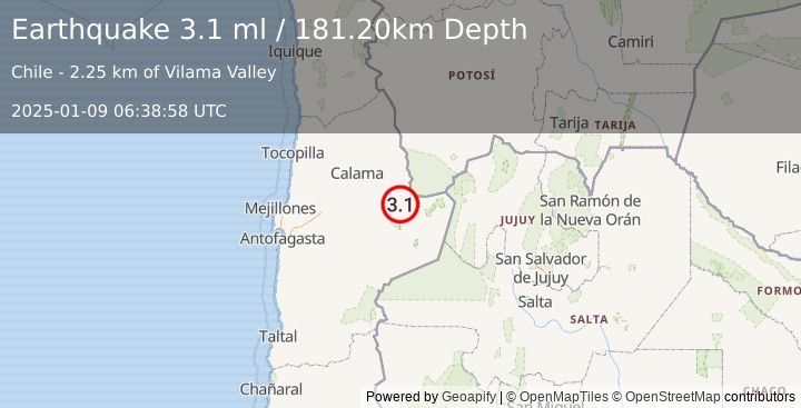 Earthquake ANTOFAGASTA, CHILE (3.1 ml) (2025-01-09 06:38:58 UTC)