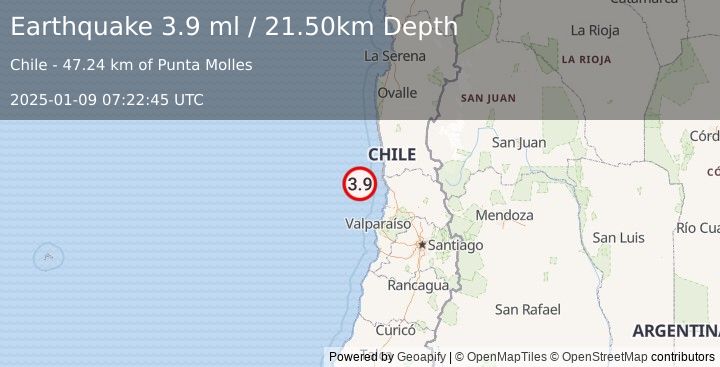 Earthquake OFFSHORE VALPARAISO, CHILE (3.9 ml) (2025-01-09 07:22:45 UTC)