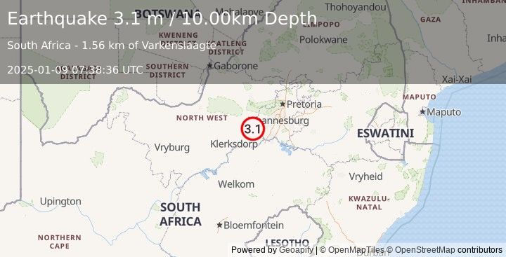 Earthquake SOUTH AFRICA (3.1 m) (2025-01-09 07:38:36 UTC)