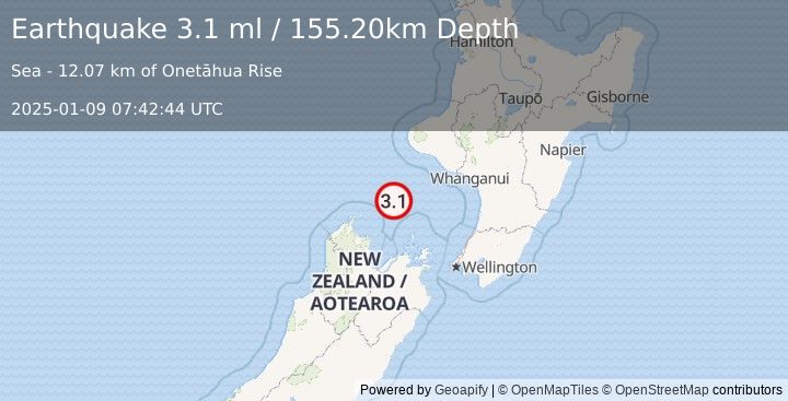 Earthquake COOK STRAIT, NEW ZEALAND (3.1 ml) (2025-01-09 07:42:44 UTC)