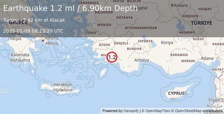 Earthquake WESTERN TURKEY (1.2 ml) (2025-01-09 08:23:29 UTC)