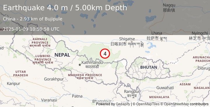 Earthquake WESTERN XIZANG (4.0 m) (2025-01-09 10:50:58 UTC)