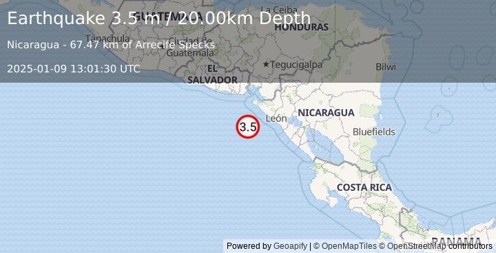 Earthquake NEAR COAST OF NICARAGUA (3.5 m) (2025-01-09 13:01:30 UTC)