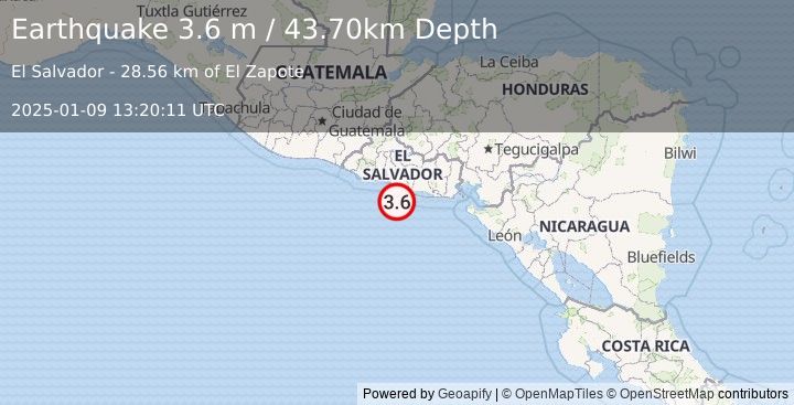 Earthquake OFFSHORE EL SALVADOR (3.6 m) (2025-01-09 13:20:11 UTC)