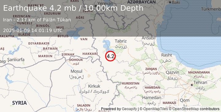 Earthquake NORTHWESTERN IRAN (4.2 mb) (2025-01-09 14:01:19 UTC)