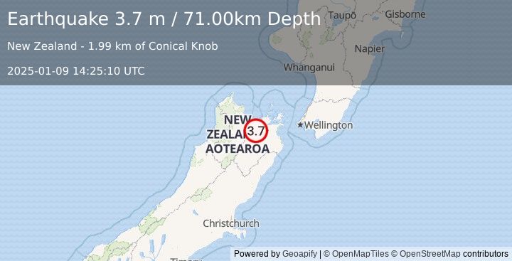 Earthquake SOUTH ISLAND OF NEW ZEALAND (3.7 m) (2025-01-09 14:25:10 UTC)