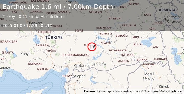 Earthquake EASTERN TURKEY (1.6 ml) (2025-01-09 17:29:20 UTC)