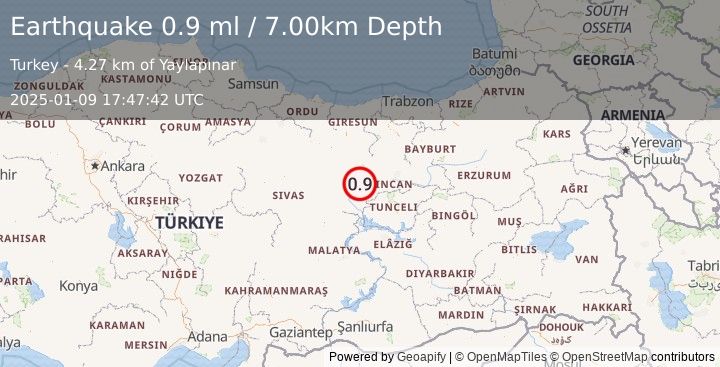 Earthquake EASTERN TURKEY (0.9 ml) (2025-01-09 17:47:42 UTC)