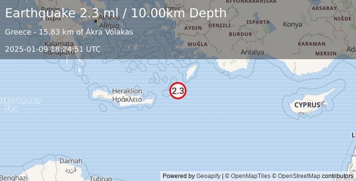 Earthquake DODECANESE ISLANDS, GREECE (2.3 ml) (2025-01-09 18:24:51 UTC)