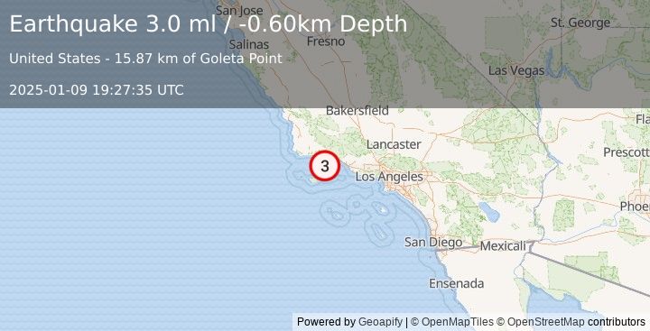 Earthquake SANTA BARBARA CHANNEL, CALIF. (3.0 ml) (2025-01-09 19:27:35 UTC)