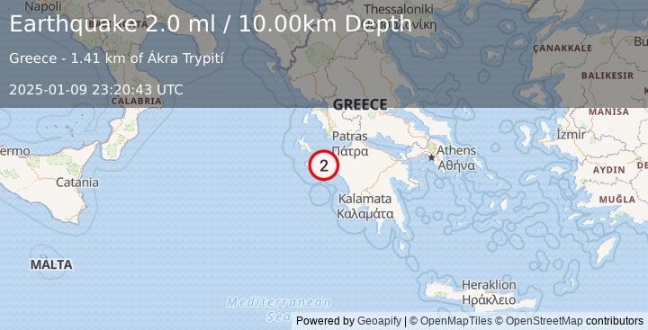 Earthquake SOUTHERN GREECE (2.0 ml) (2025-01-09 23:20:43 UTC)