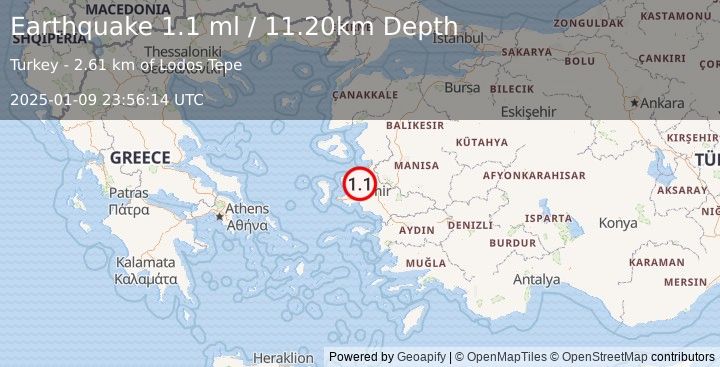 Earthquake NEAR THE COAST OF WESTERN TURKEY (1.1 ml) (2025-01-09 23:56:14 UTC)