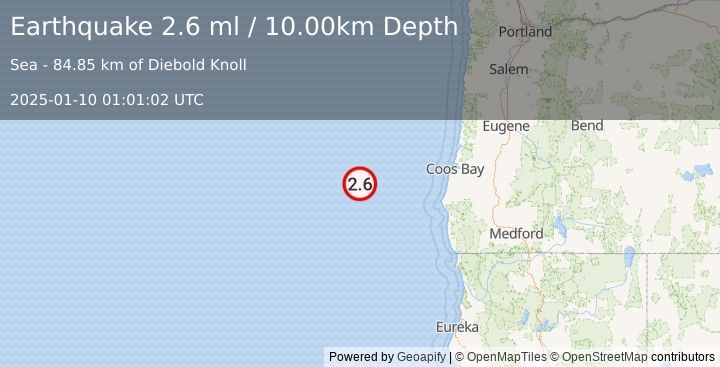 Earthquake OFF COAST OF OREGON (2.6 ml) (2025-01-10 01:01:02 UTC)