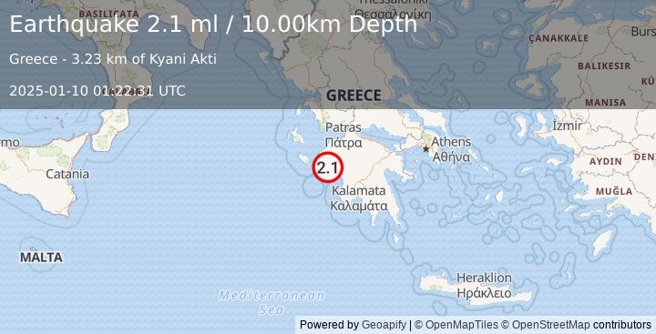 Earthquake SOUTHERN GREECE (2.1 ml) (2025-01-10 01:22:31 UTC)