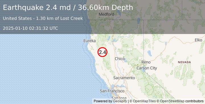 Earthquake NORTHERN CALIFORNIA (2.4 md) (2025-01-10 02:31:32 UTC)