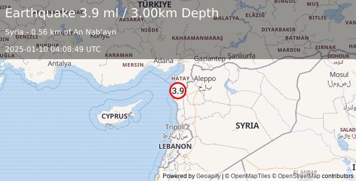 Earthquake NEAR THE COAST OF SYRIA (4.0 mw) (2025-01-10 04:08:50 UTC)