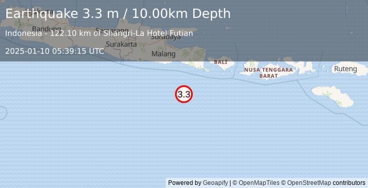 Earthquake SOUTH OF JAVA, INDONESIA (3.3 m) (2025-01-10 05:39:15 UTC)