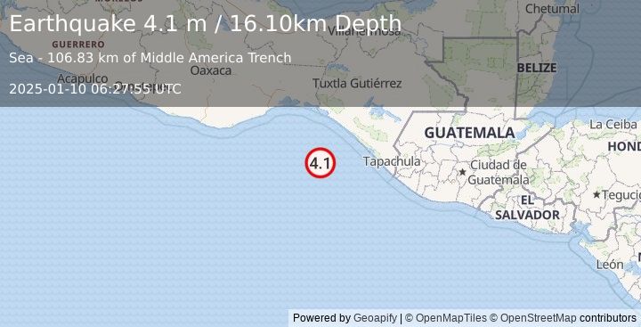 Earthquake OFF COAST OF CHIAPAS, MEXICO (4.1 m) (2025-01-10 06:27:55 UTC)