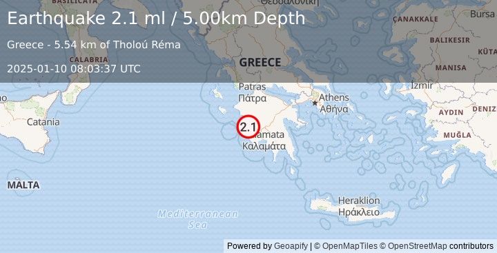 Earthquake SOUTHERN GREECE (2.1 ml) (2025-01-10 08:03:37 UTC)