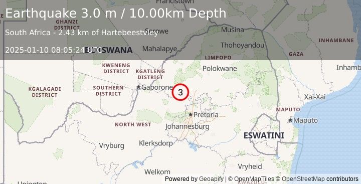 Earthquake SOUTH AFRICA (3.0 m) (2025-01-10 08:05:24 UTC)