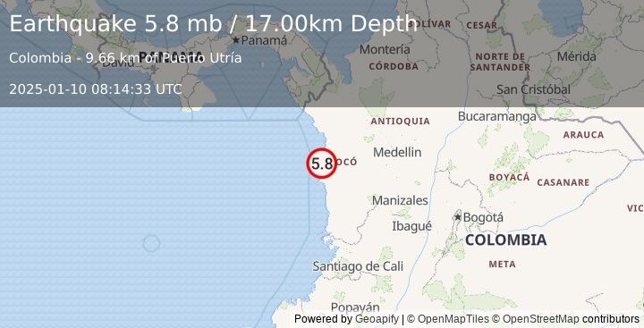 Earthquake NEAR WEST COAST OF COLOMBIA (5.7 mb) (2025-01-10 08:14:32 UTC)