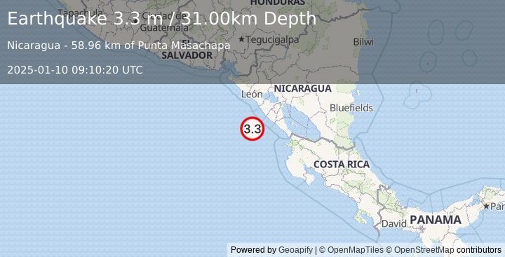 Earthquake NEAR COAST OF NICARAGUA (3.3 m) (2025-01-10 09:10:20 UTC)